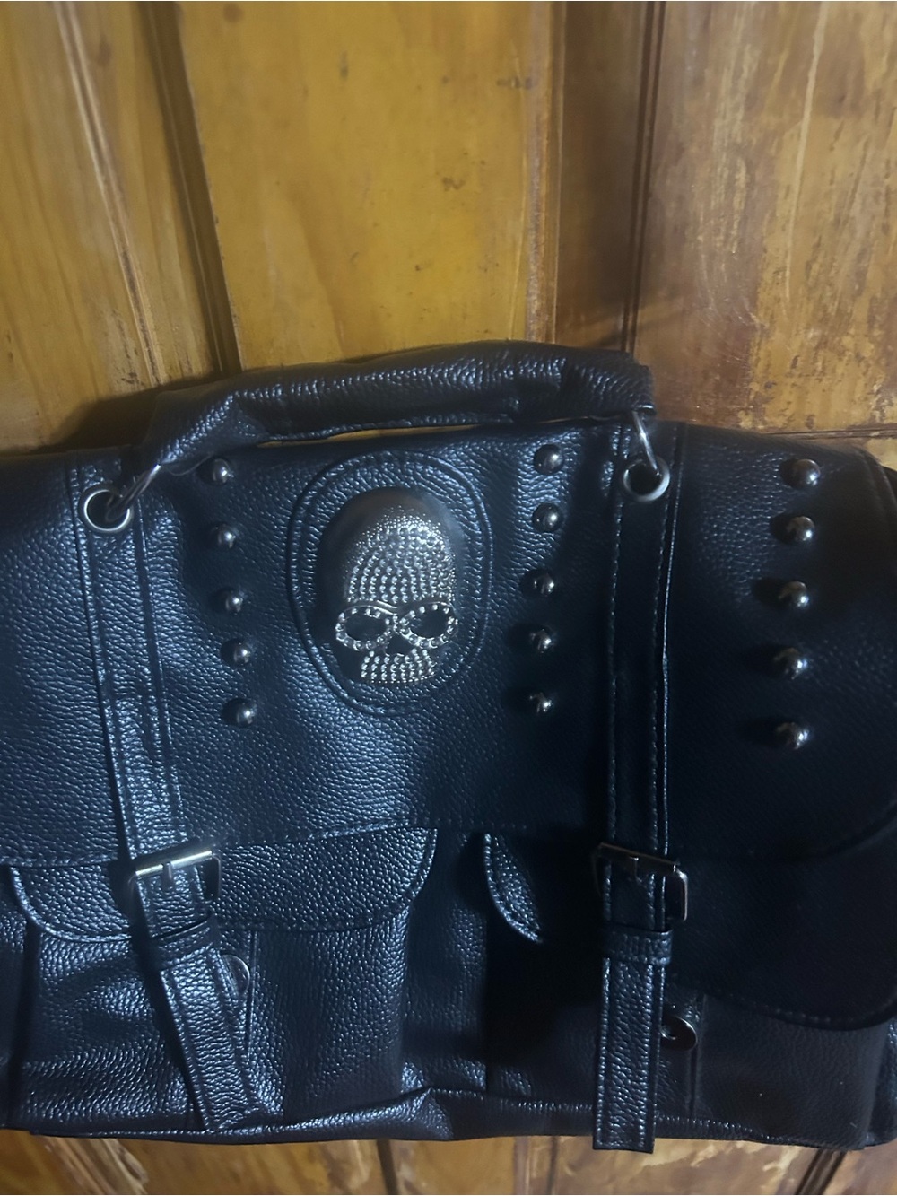 Black Unisex Leather Studded Satchel Bag with Skull Emblem
